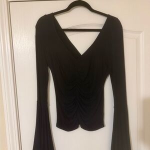 Free People: Black Ruched V-Neck Long Sleeve Top